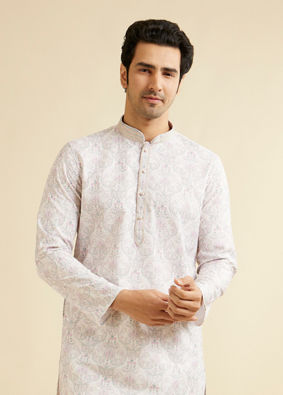 alt message - Manyavar Men Pink & Warm White Chikankari Inspired Floral Buta Print Kurta Set image number 0